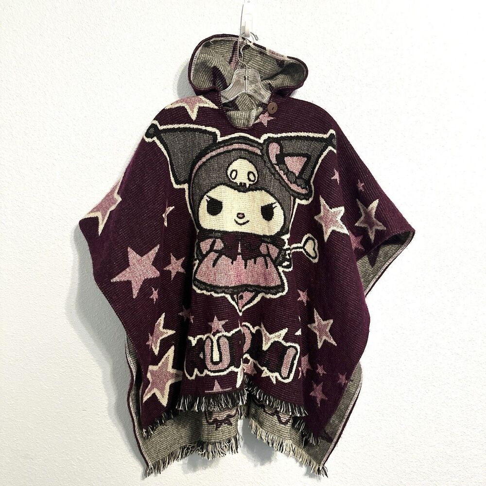 Kuromi Adult Hooded Knit Poncho, Unisex One Size. Made In Ecuador